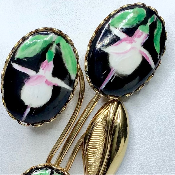 🌺Vintage Gold Porcelain Earrings & Brooch - Picture 11 of 13